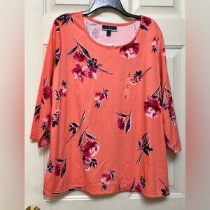 KAREN SCOTT WOMEN'S TOP PINK FLORAL PRINT PLUS SIZE 3X HENLEY NECK 3/4 SLEEVES